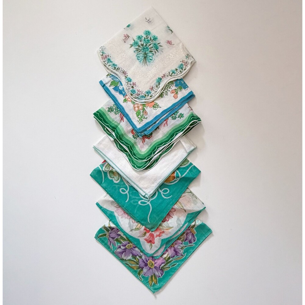 Vintage Lot of 7 Green Teal Floral Handkerchiefs Hankies Mid Century